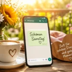 Sonniger Samstagmorgen mit Kaffee, Blumen und Smartphone mit WhatsApp-Grußnachricht.
