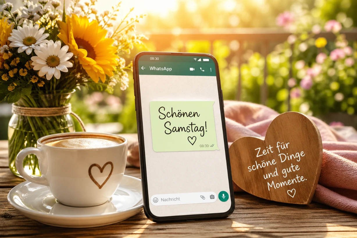 Sonniger Samstagmorgen mit Kaffee, Blumen und Smartphone mit WhatsApp-Grußnachricht.