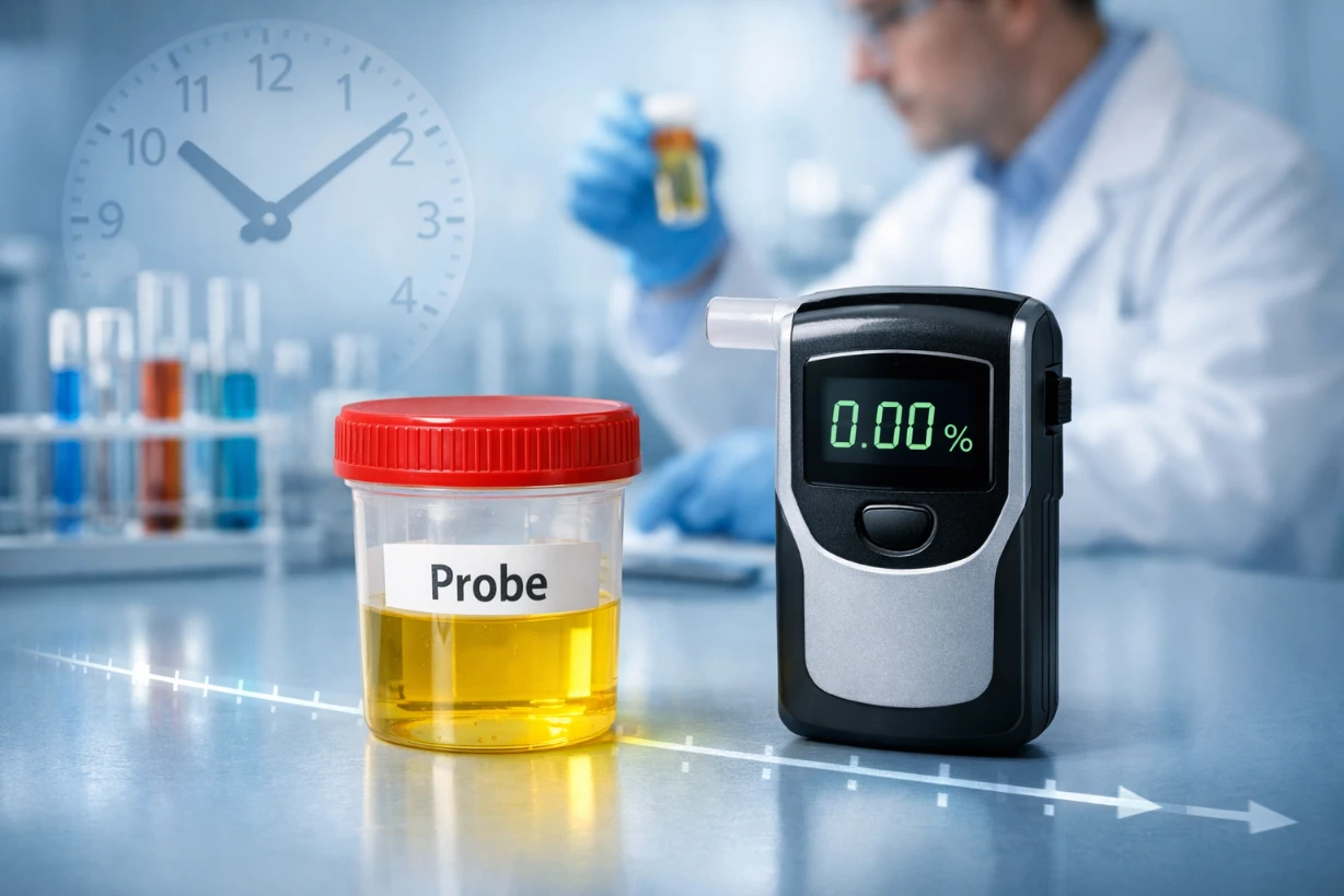 Urinprobe im Labor neben Analysegerät und Wissenschaftler Symbol für Alkoholnachweis Zeitverlauf.