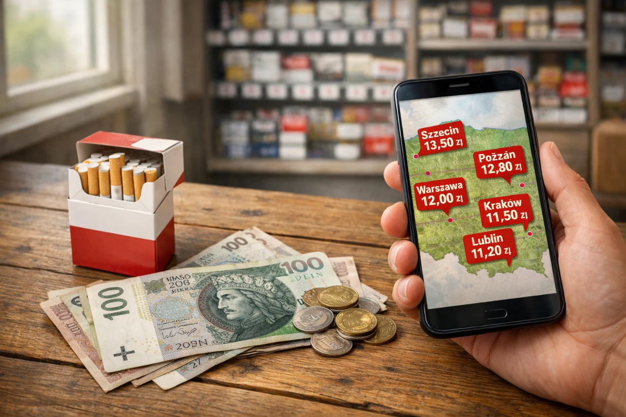 Zigarettenpackung mit polnischem Geld und Smartphone zeigt Preisvergleich in Polen.