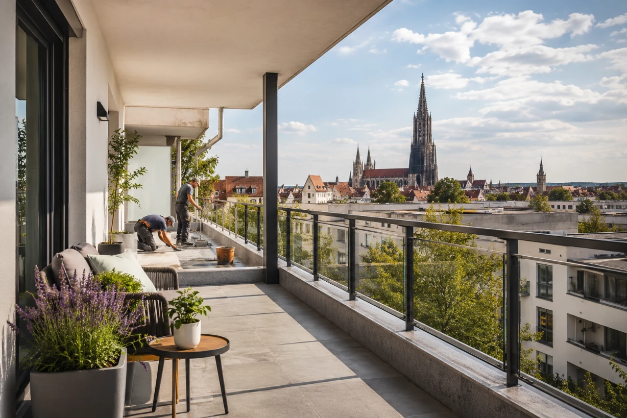 Modern sanierter Balkon in Ulm mit Glasgeländer, Pflanzen und heller Wohnatmosphäre.
