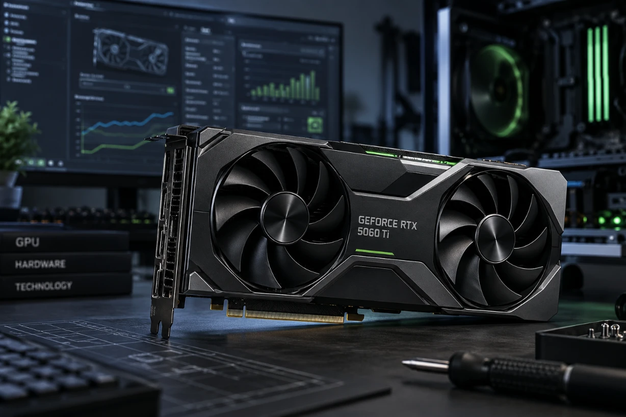 RTX 5060 Ti Grafikkarte auf einem Testtisch vor Monitoren mit Leistungsdaten und Diagrammen.