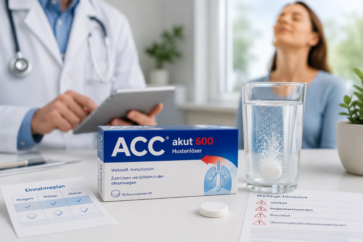 ACC Akut 600 mit Brausetablette im Wasserglas, Arzt im Hintergrund und Einnahmehinweisen.