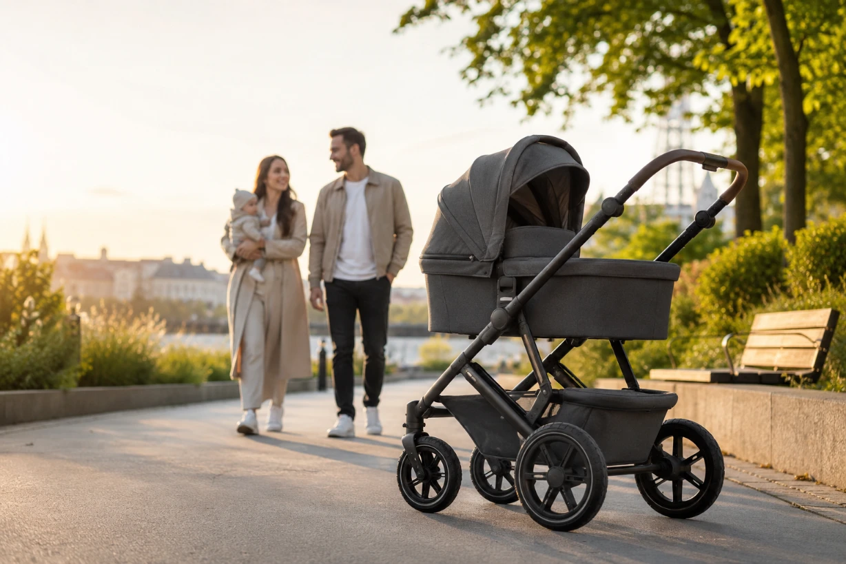 ABC Design Salsa 4 Air Kinderwagen auf Parkweg bei Abendsonne, Familie unscharf im Hintergrund.