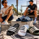 Herren-Adiletten in Sommerfarben mit sportlichem Look auf Strandpromenade und Fitnessbereich.