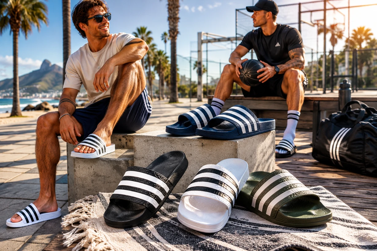 Herren-Adiletten in Sommerfarben mit sportlichem Look auf Strandpromenade und Fitnessbereich.