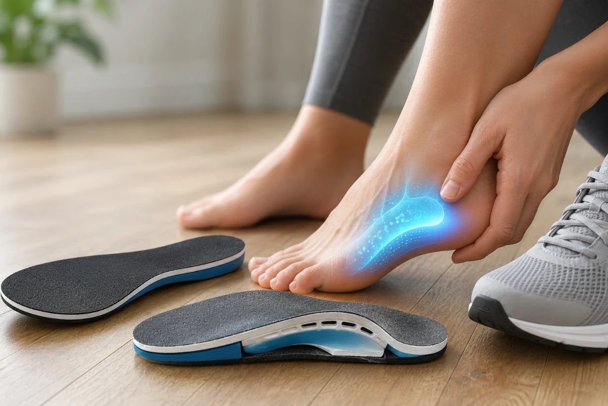 Orthopädische Einlegesohlen neben einem Sportschuh, während eine Person ihren schmerzenden Fuß hält.