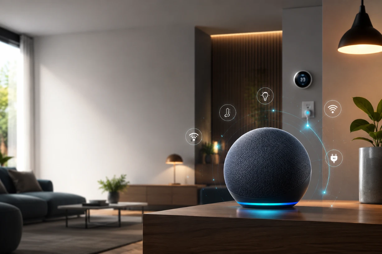 Amazon Echo Dot der 5. Generation in modernem Smarthome mit vernetzter Beleuchtung und Steuerung.