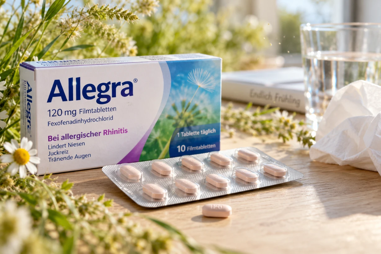 Allegra Tabletten mit Blisterpackung, Gräsern und Pollen zur Linderung von Heuschnupfen im Frühling.