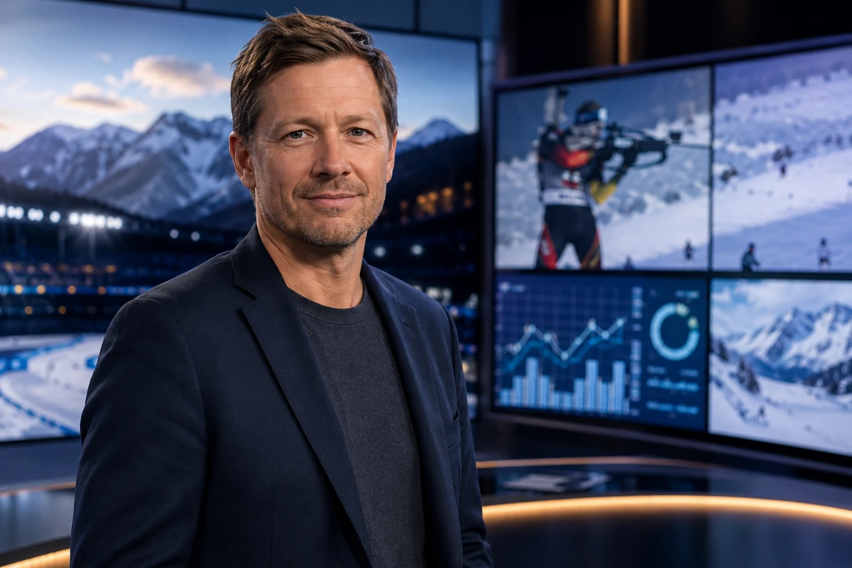 Sportexperte im TV-Studio vor Winterlandschaft und Analysedisplays, professionelles Porträtbild.