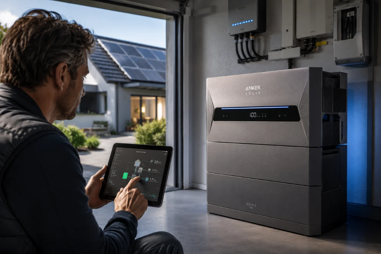 Anker Solix 3 Pro in modernem Haus, Energieanlage mit Tablet-Review und Solardach.