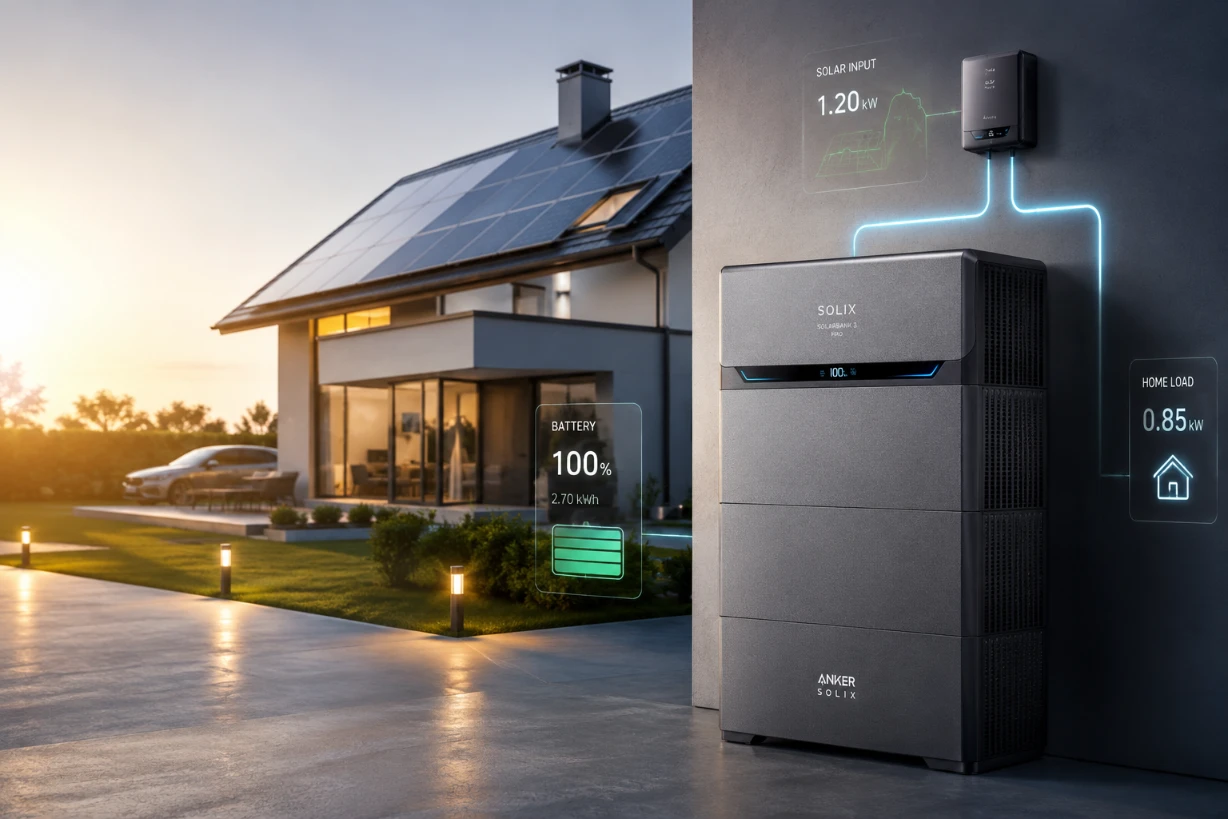 Modernes Haus mit Solaranlage und Batteriespeicher für intelligente, nachhaltige Energieversorgung.