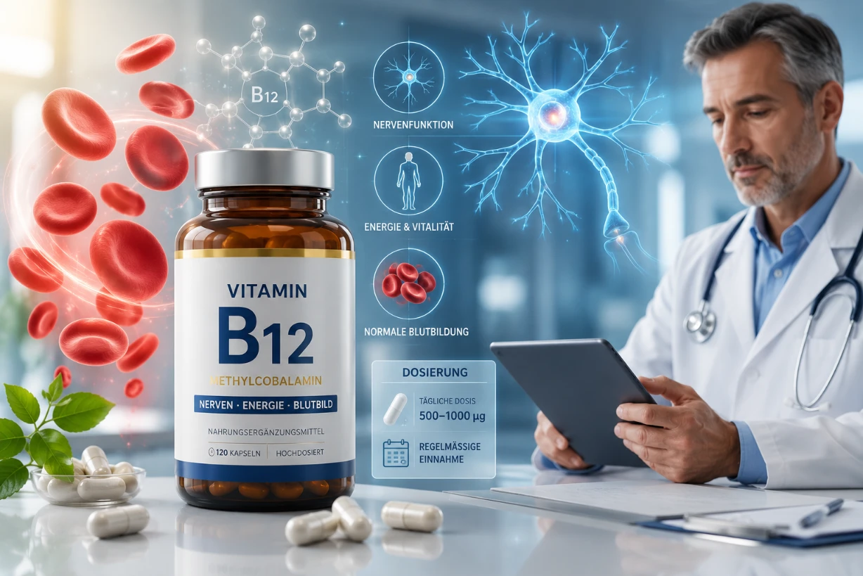 Vitamin-B12-Präparat mit roten Blutkörperchen und Arzt in moderner Praxis zur Vitaminmangel-Beratung.