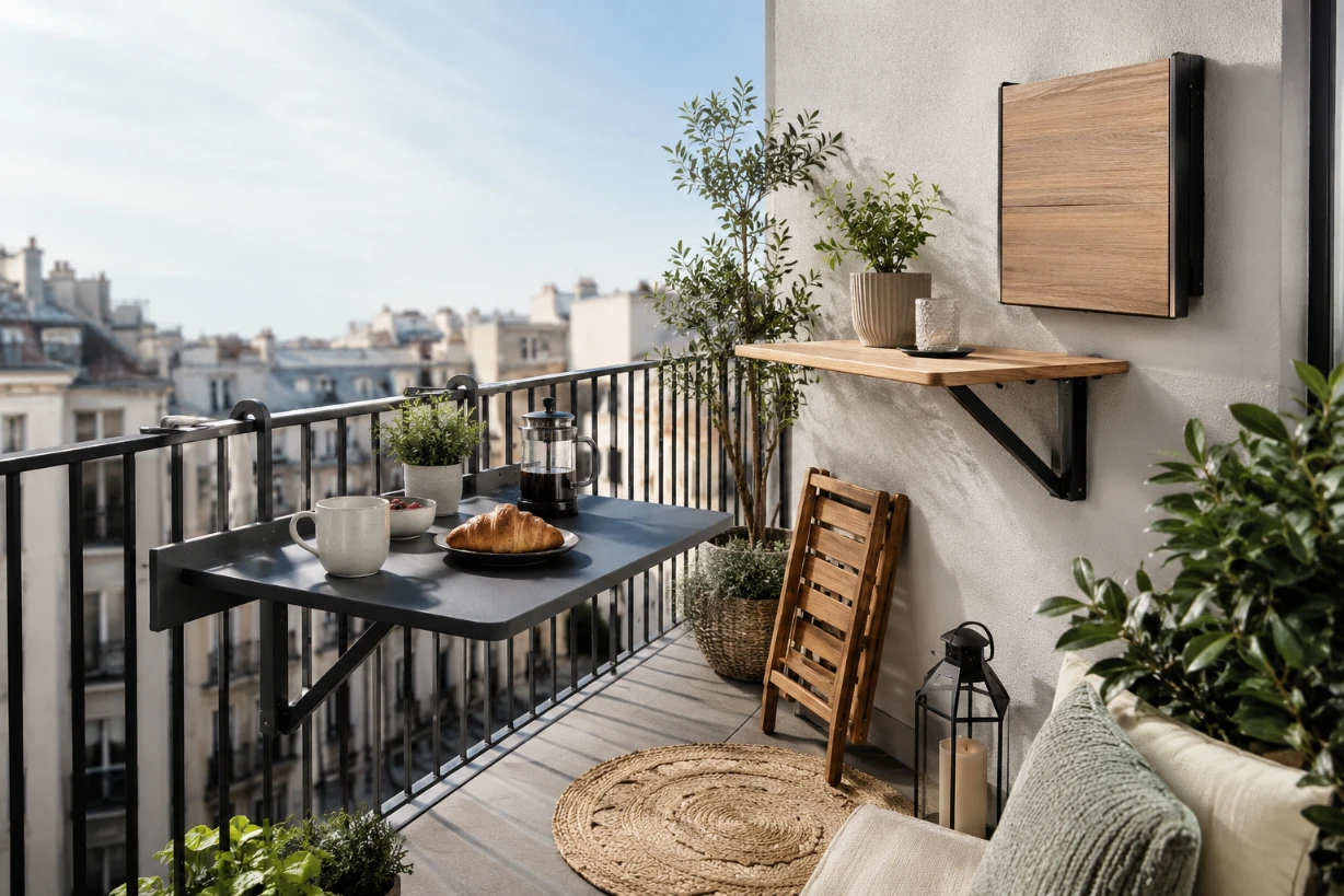 Moderner klappbarer Balkontisch auf kleinem Stadtbalkon mit Frühstück, Pflanzen und Ausblick.