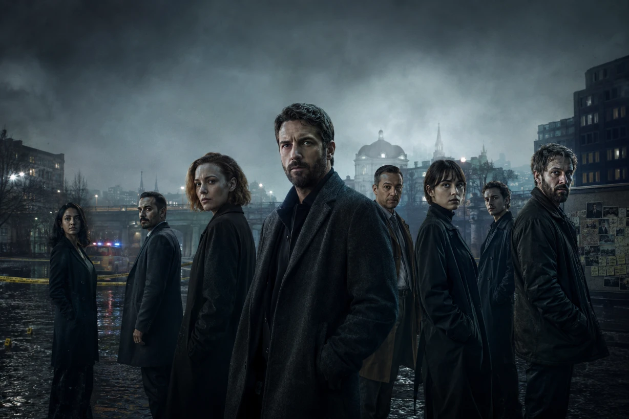 Düstere Krimi-Serie mit Ermittlerteam im Regen einer nordischen Großstadt voller Geheimnisse Nacht!!