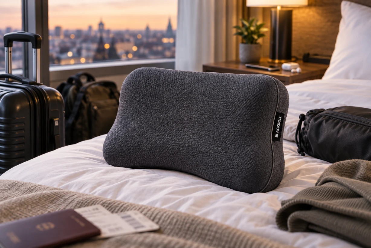 BLACKROLL Recovery Pillow auf Hotelbett mit Koffer, Reisegepäck und Stadtblick im warmen Abendlicht.