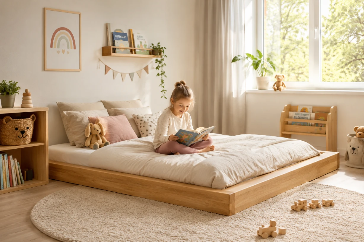Kind liest auf einem Bodenbett aus Eiche in hellem Kinderzimmer mit skandinavischem Ambiente.