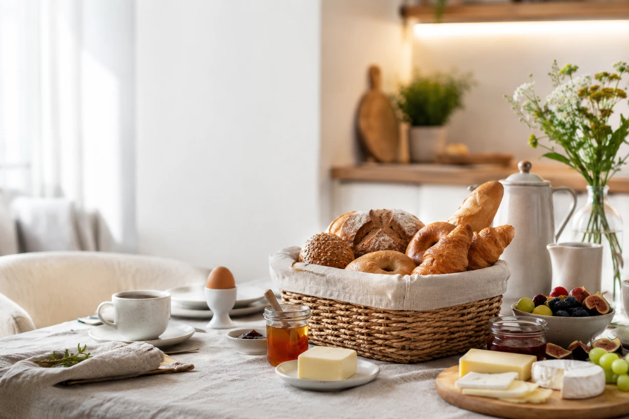 Stilvoller Brotkorb mit frischem Gebäck auf elegant gedecktem Frühstückstisch im modernen Esszimmer.