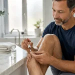 Man trägt Nagelpilz-Behandlung im hellen Bad auf, moderne Pflege und Selbstbehandlung Szene im Fokus.