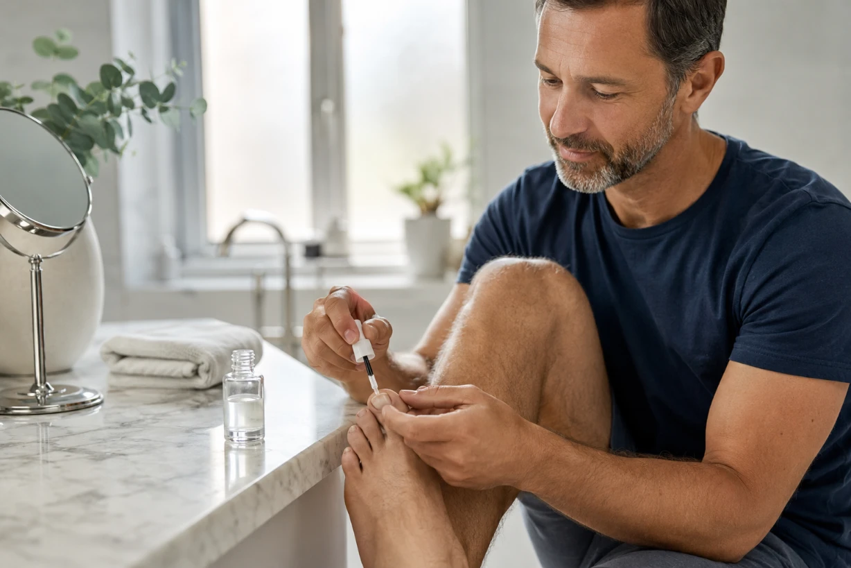 Man trägt Nagelpilz-Behandlung im hellen Bad auf, moderne Pflege und Selbstbehandlung Szene im Fokus.