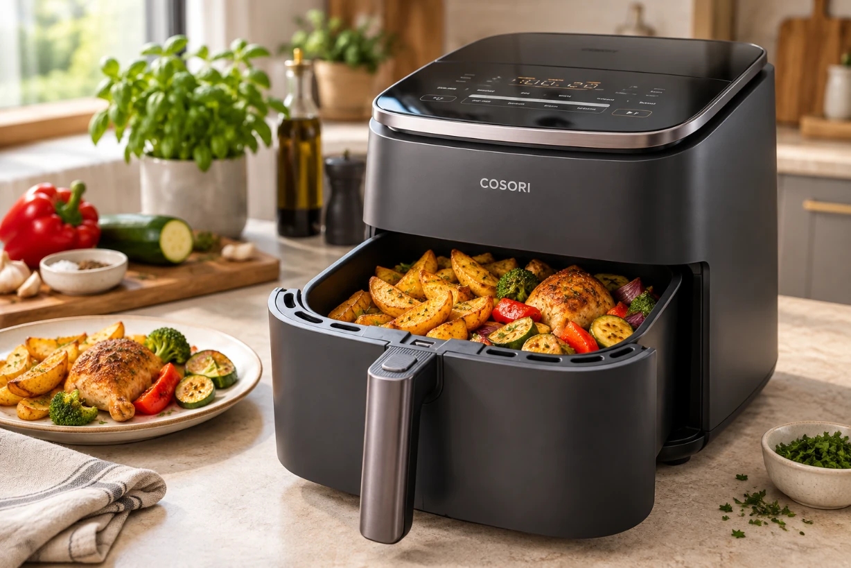 Cosori TurboBlaze Heißluftfritteuse mit knusprigem Gemüse, Kartoffeln und Hähnchen in moderner Küche