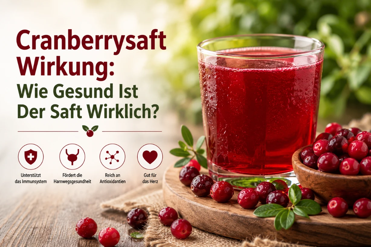 Glas mit Cranberrysaft, frischen Cranberries und Gesundheitsinfos vor natürlichem Hintergrund.