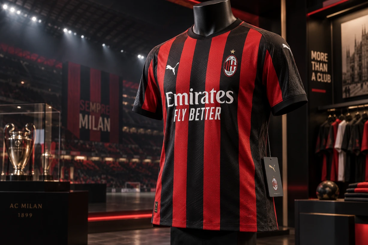 AC-Milans neues Heimtrikot 2026/27 in Rot-Schwarz auf schwarzer Büste vor stilvoller Stadionkulisse.
