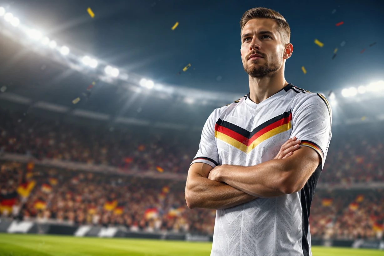 Fußballspieler im modernen Deutschland-Trikot 2026 vor stimmungsvoller Stadionkulisse unter Flutlicht.