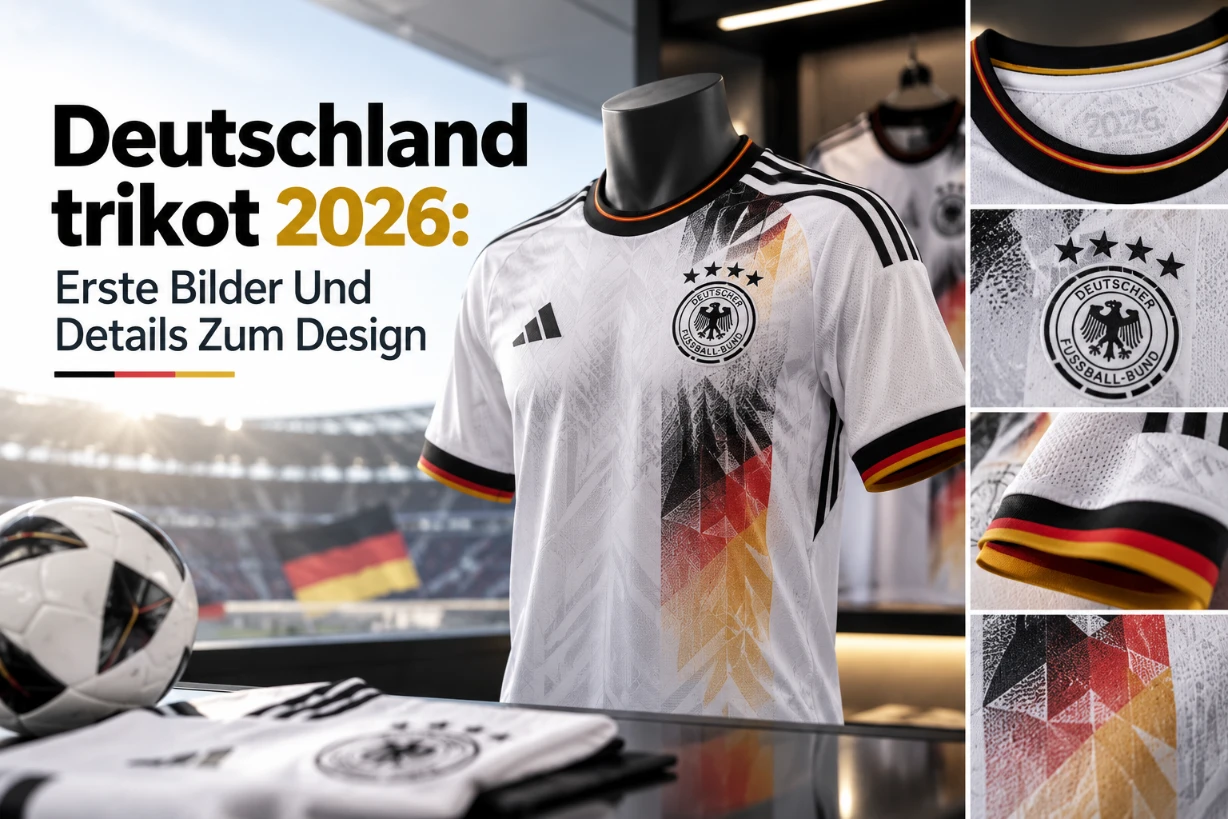 Deutschland-Trikot 2026 in Weiß mit schwarz-rot-goldenen Details und Nahaufnahmen des Designs.