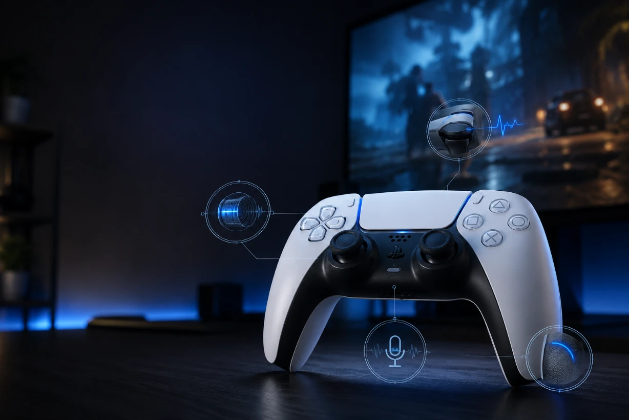 DualSense-Controller auf modernem Gaming-Schreibtisch mit blauen Lichteffekten und Feature-Overlays.