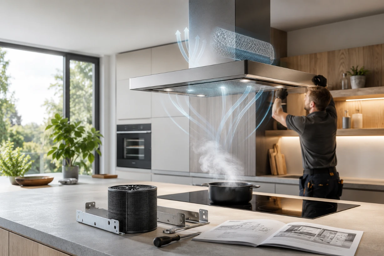 Moderne Küche mit Umluft-Dunstabzugshaube, Kochfeld, Aktivkohlefilter und Installateur.