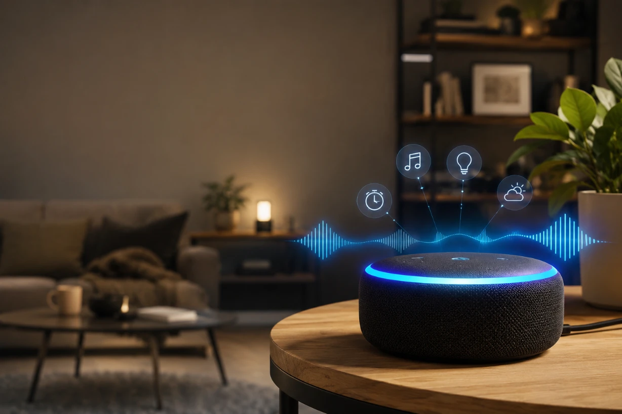 Echo Dot auf Holztisch im modernen Wohnzimmer mit Sprachwellen und Smart-Home-Symbolen im Hintergrund.