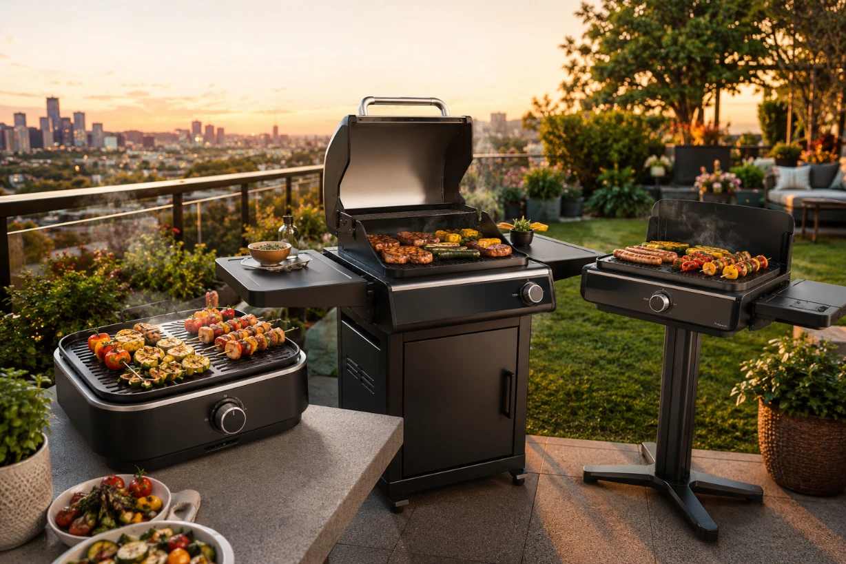Moderne Elektrogrills im Vergleich auf Balkon und Garten mit Grillgut bei Abendsonne.