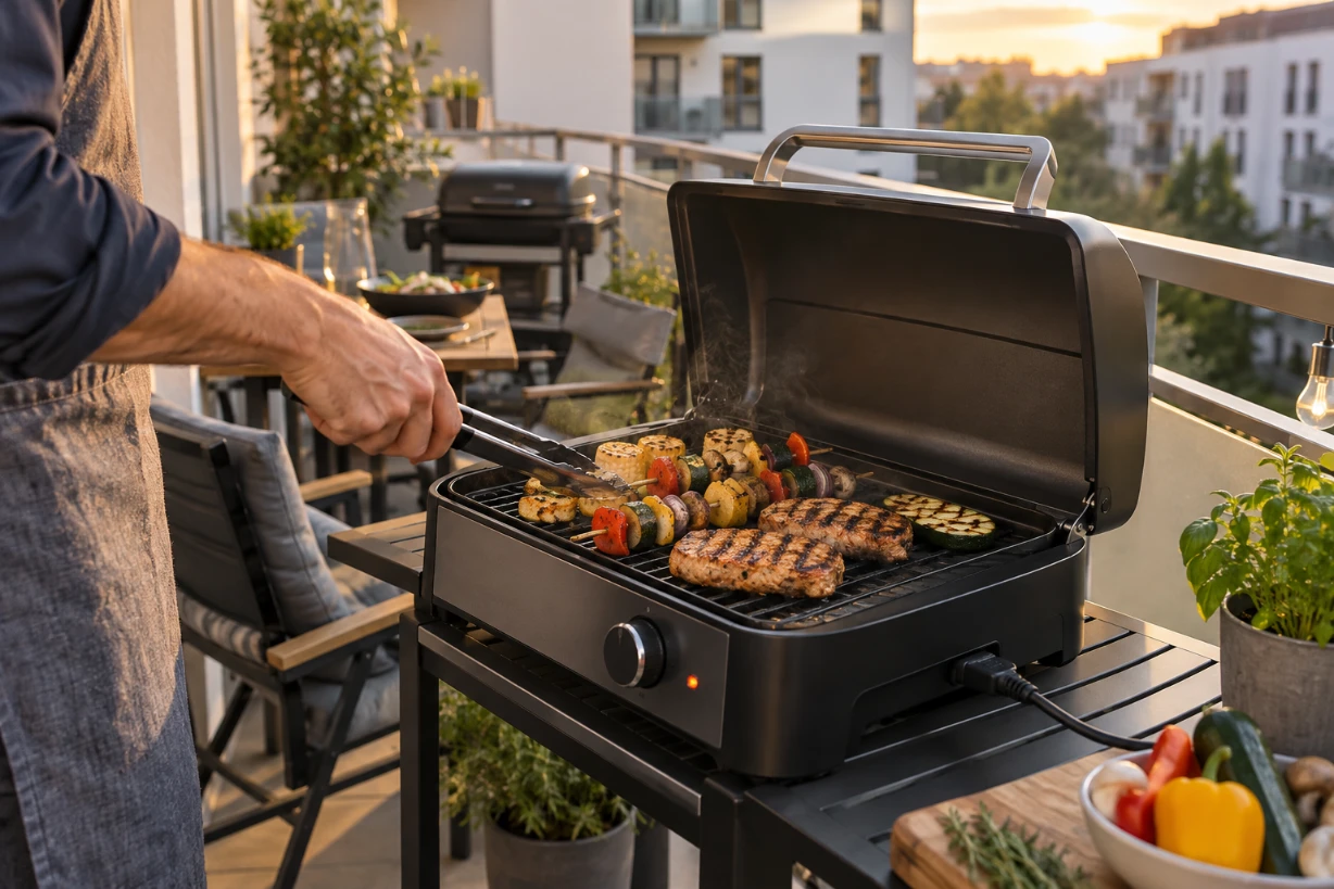 Moderner Elektrogrill mit Gemüse und Fleisch auf kleinem Stadtbalkon im warmen Abendlicht mit Dampf.