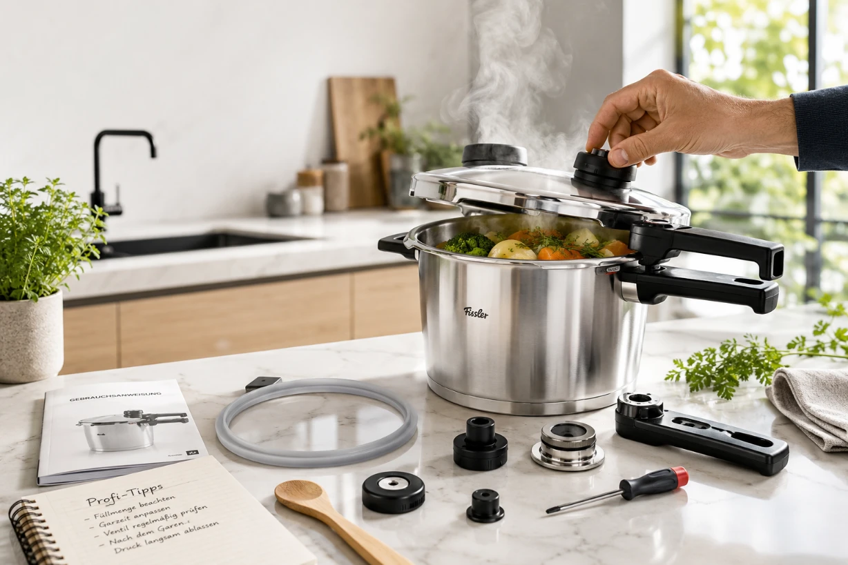 Fissler Schnellkochtopf mit Ersatzteilen und frischem Gemüse auf moderner Küchenarbeitsplatte.