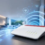 Moderner FRITZ!Box 7590 AX Router mit Wi-Fi-6-Signalen in einem stilvollen Homeoffice-Umfeld.