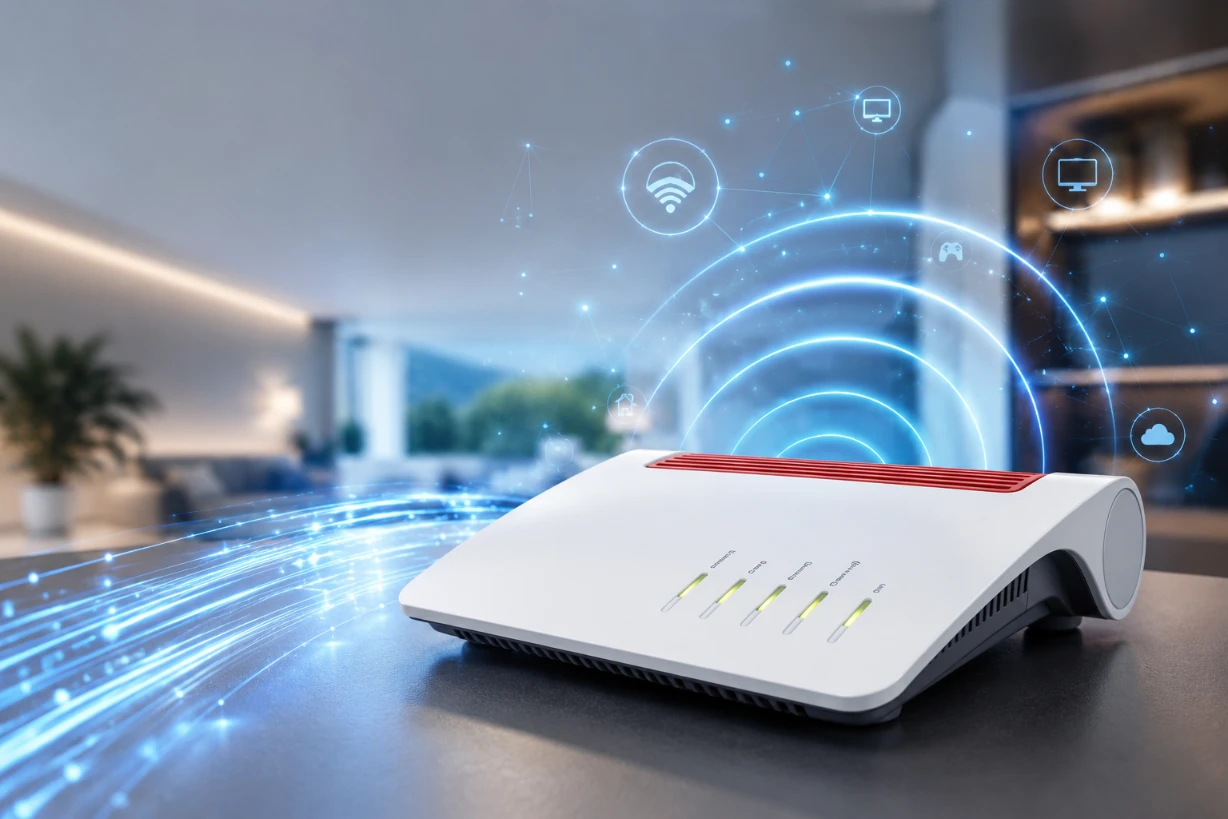 Moderner FRITZ!Box 7590 AX Router mit Wi-Fi-6-Signalen in einem stilvollen Homeoffice-Umfeld.