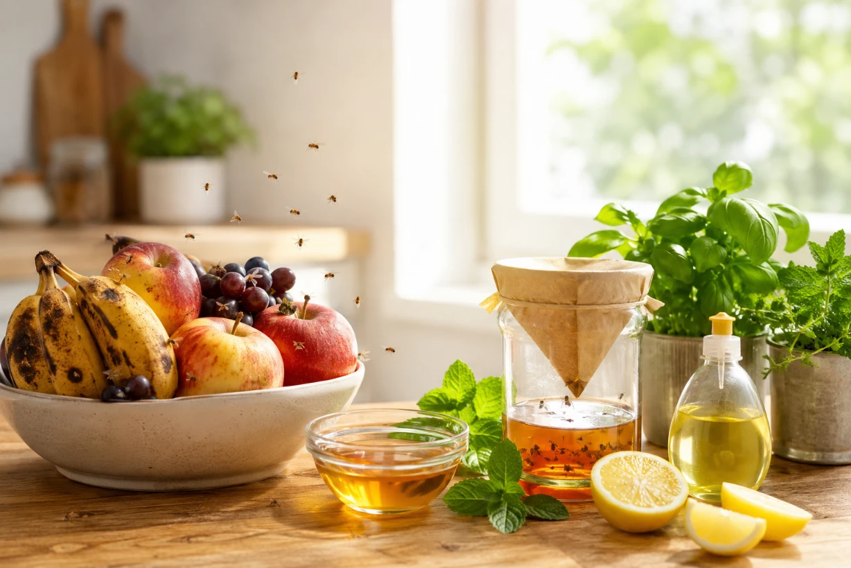 Fruchtfliegen um reifes Obst auf einer Küchenplatte neben Essigfalle und natürlichen Hausmitteln.