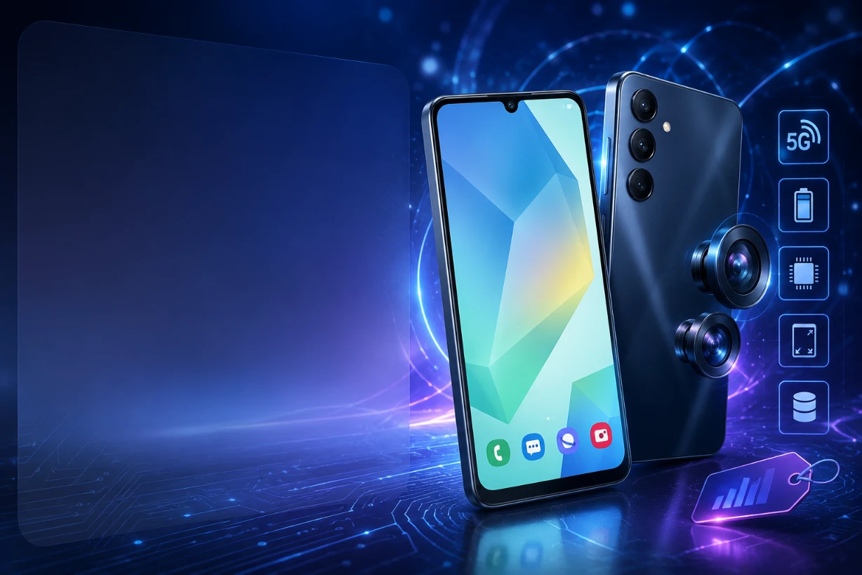 Samsung Galaxy A16 5G mit Kamera-Highlights, 5G-Symbolen und technischen Features im Fokus.