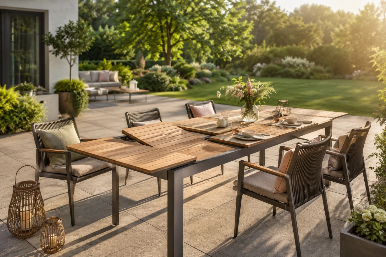 Ausziehbarer Gartentisch auf stilvoller Terrasse im Abendlicht, umgeben von üppigem Garten.