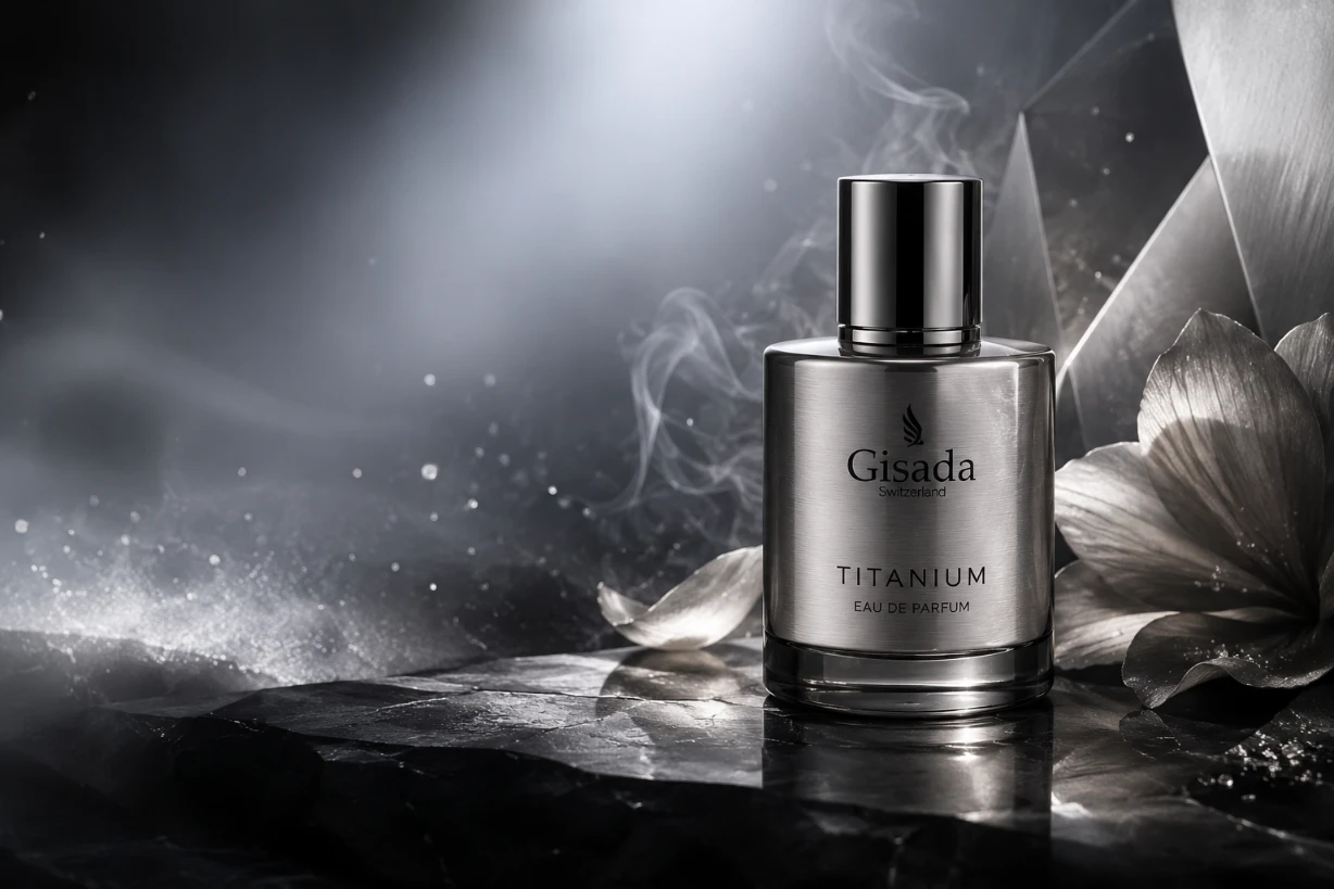 Eleganter Gisada Titanium Flakon auf dunkler Steinfläche mit silbernem Nebel und Luxuslicht.