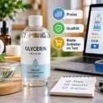 Glycerin-Flasche mit Preis- und Qualitätsvergleich sowie Anbieter-Auswahl auf einem Laptop im Hintergrund.