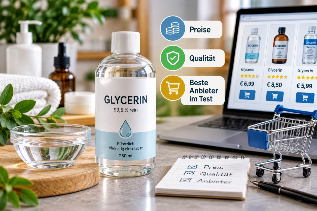 Glycerin-Flasche mit Preis- und Qualitätsvergleich sowie Anbieter-Auswahl auf einem Laptop im Hintergrund.