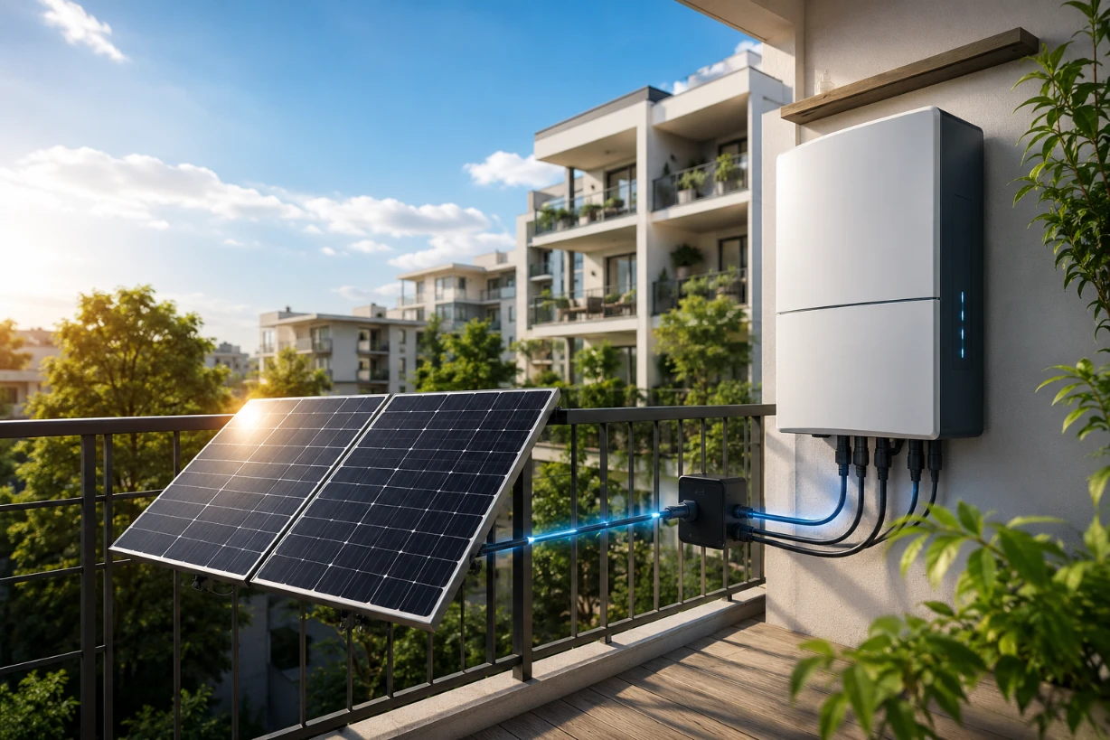 Modernes Balkonkraftwerk mit Solarmodulen und Batteriespeicher auf sonnigem Wohnungsbalkon.