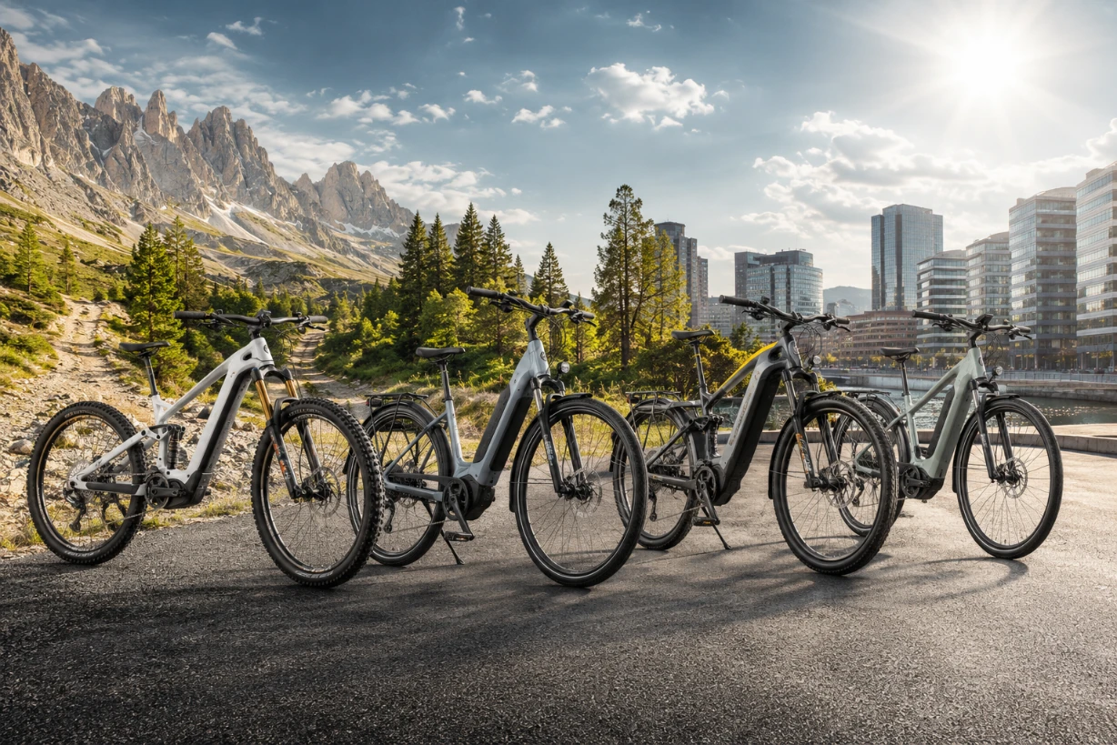 Vier moderne Haibike E-Bikes vor Alpen, Wald und Stadtkulisse im großen Modellvergleich 2026.