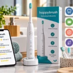 Happybrush Schallzahnbürste mit Verpackung und Bewertungen zu Reinigung, Akku, Design und Nutzung.