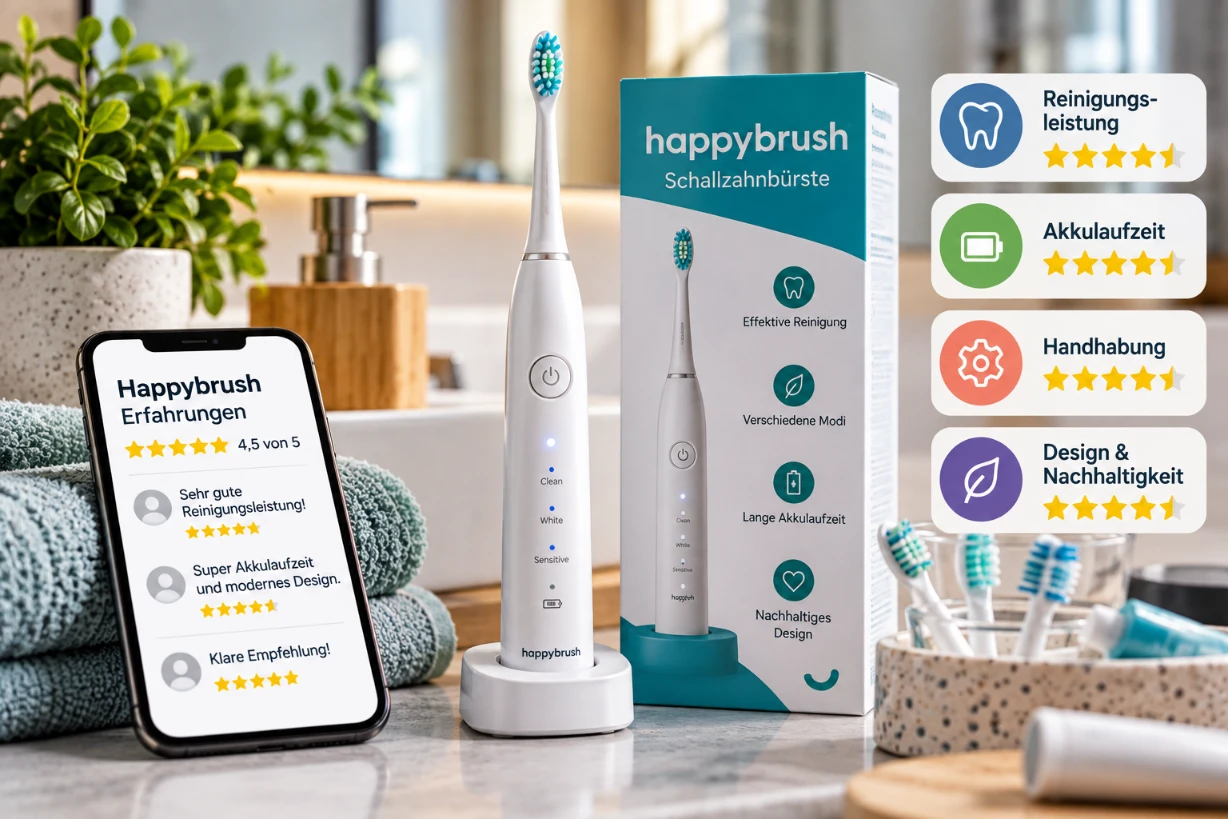 Happybrush Schallzahnbürste mit Verpackung und Bewertungen zu Reinigung, Akku, Design und Nutzung.