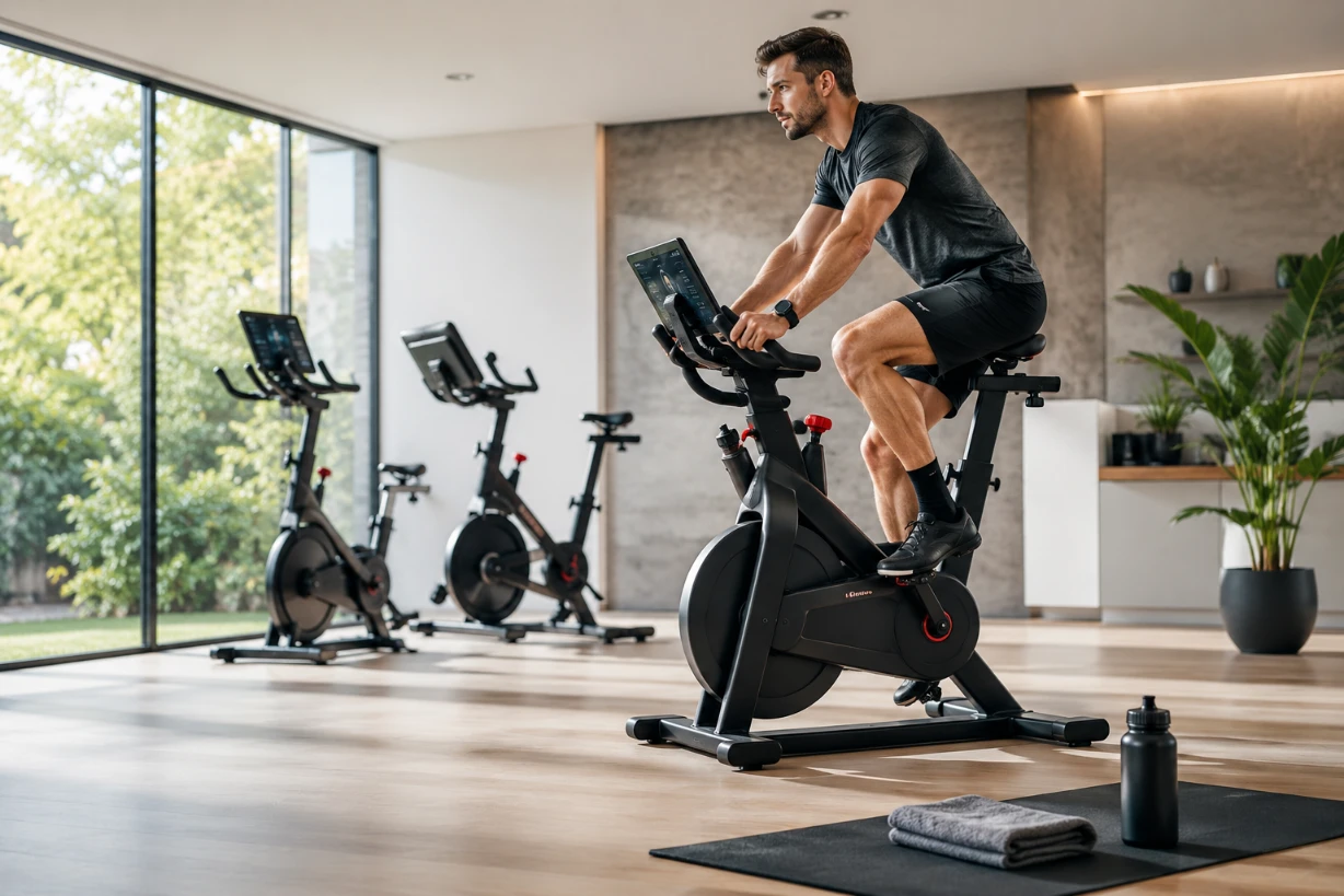 Moderne Heimtrainer-Fahrräder im Test für effektives Home-Training in hellem Wohnraum heute.