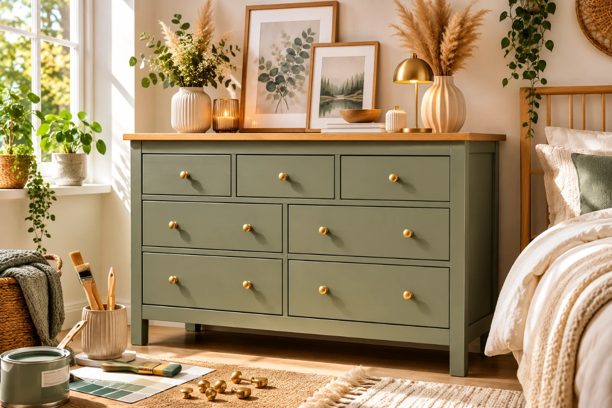 Skandinavisches Schlafzimmer mit modern umgestalteter Hemnes Kommode in sanften Grüntönen und Holz Details.