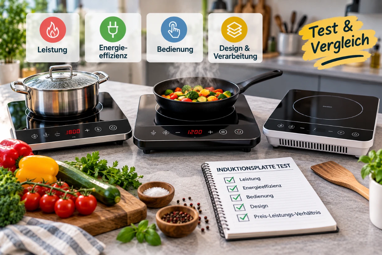 Drei mobile Induktionsplatten im Test mit Töpfen, Pfanne und Vergleich zu Leistung und Bedienung.